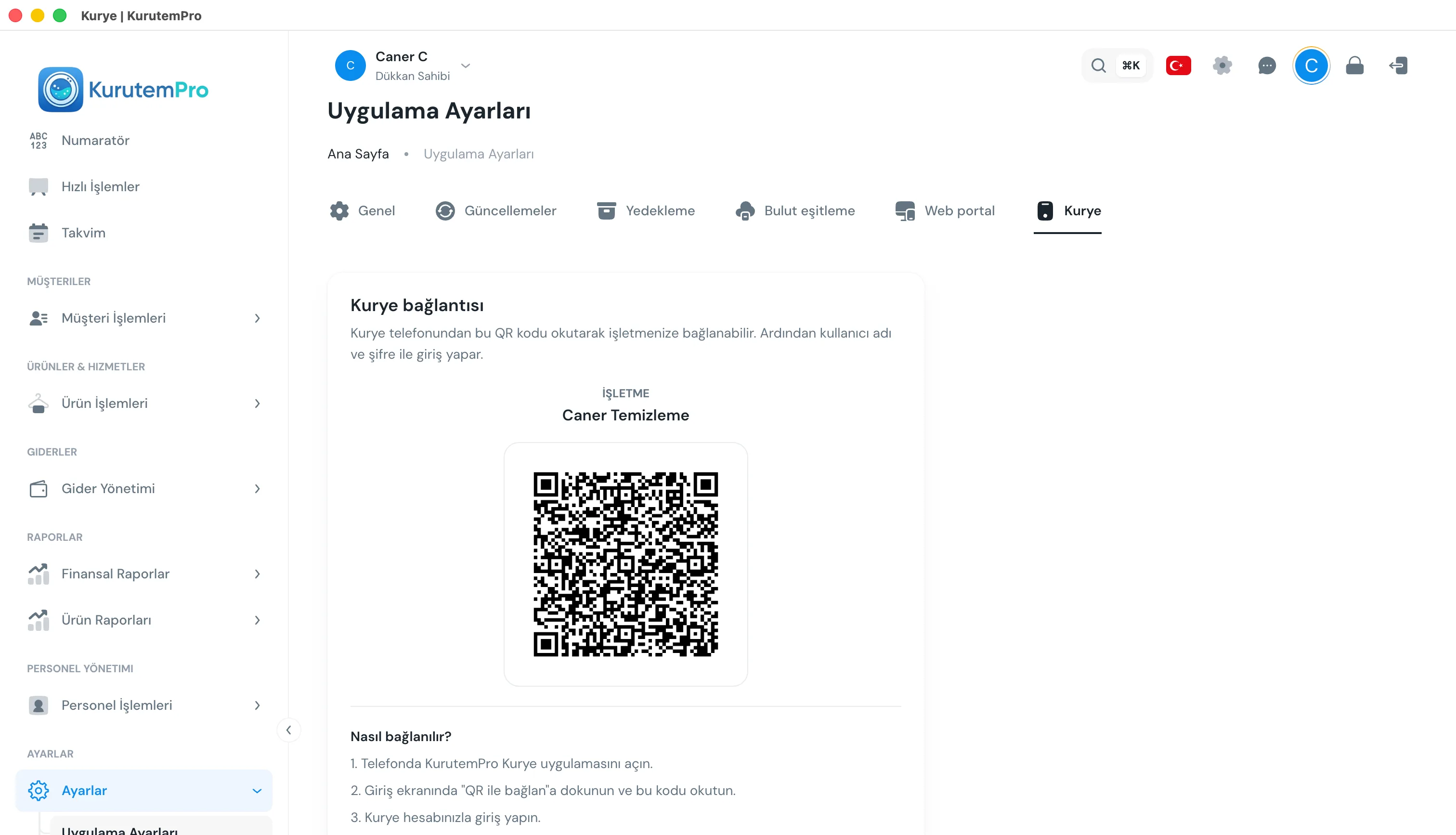 Kurye bağlantısı ekranındaki QR kod
